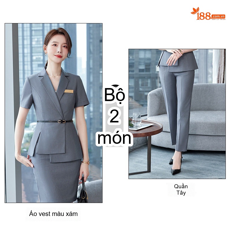 Bộ Vest Công Sở Nữ Tay Ngắn Phong Cách Hàn Quốc Màu Xanh Lam, Xám, Nâu