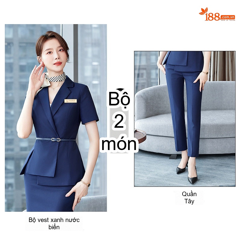Bộ Vest Công Sở Nữ Tay Ngắn Phong Cách Hàn Quốc Màu Xanh Lam, Xám, Nâu