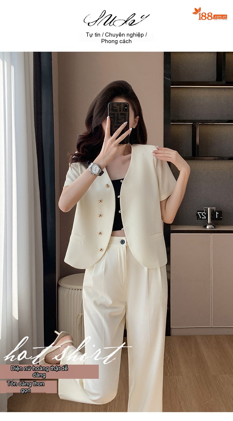 Bộ Vest Công Sở Nữ Tay Ngắn Phong Cách Thanh Lịch Màu Trắng, Đen, Xám chi tiết 3