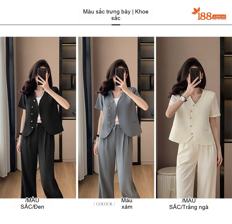 Bộ Vest Công Sở Nữ Tay Ngắn Phong Cách Thanh Lịch Màu Trắng, Đen, Xám chi tiết 5