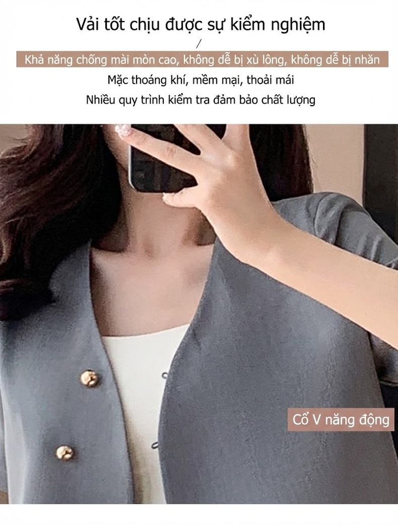 Bộ Vest Công Sở Nữ Tay Ngắn Phong Cách Thanh Lịch Màu Trắng, Đen, Xám chi tiết 6