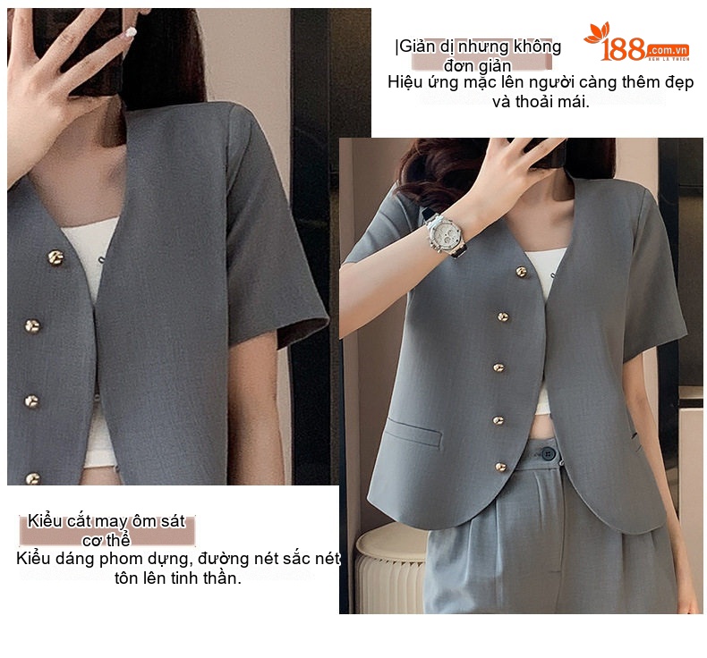Bộ Vest Công Sở Nữ Tay Ngắn Phong Cách Thanh Lịch Màu Trắng, Đen, Xám chi tiết 7