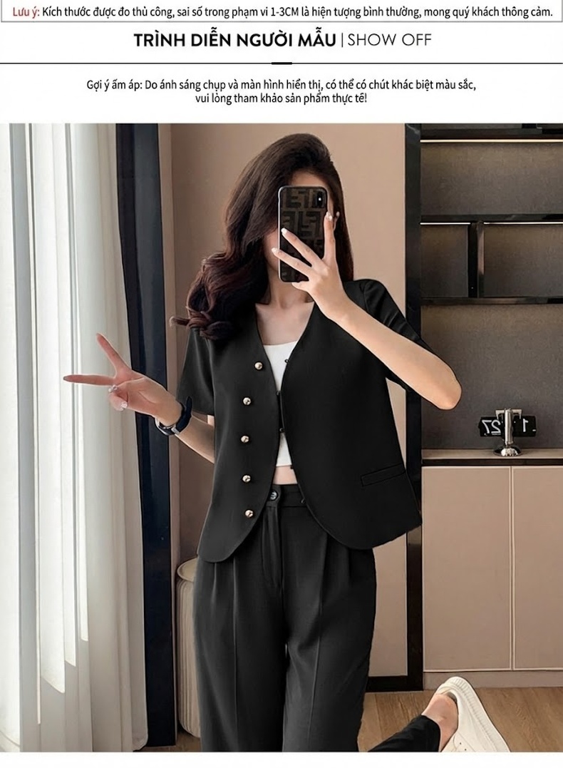 Bộ Vest Công Sở Nữ Tay Ngắn Phong Cách Thanh Lịch Màu Trắng, Đen, Xám chi tiết 9