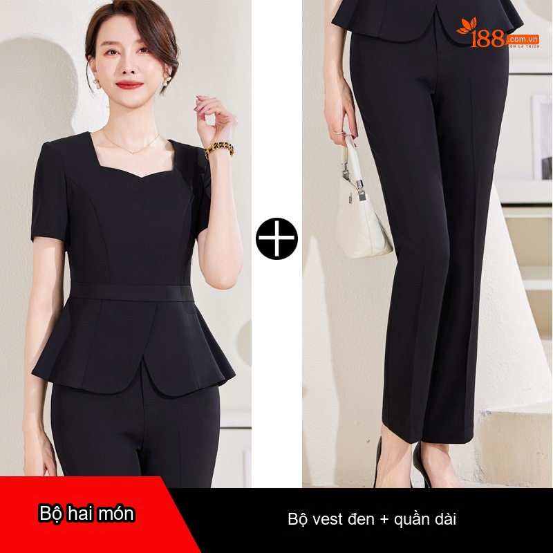 Bộ Vest Công Sở Nữ Tay Ngắn Quần/Chân Váy Áo Peplum Màu Đen, Xanh Navy