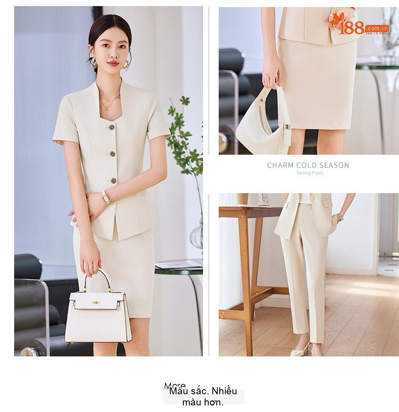 Bộ Vest Công Sở Nữ Tay Ngắn Quần/Chân Váy Màu Xám, Xanh Navy, Trắng chi tiết 7
