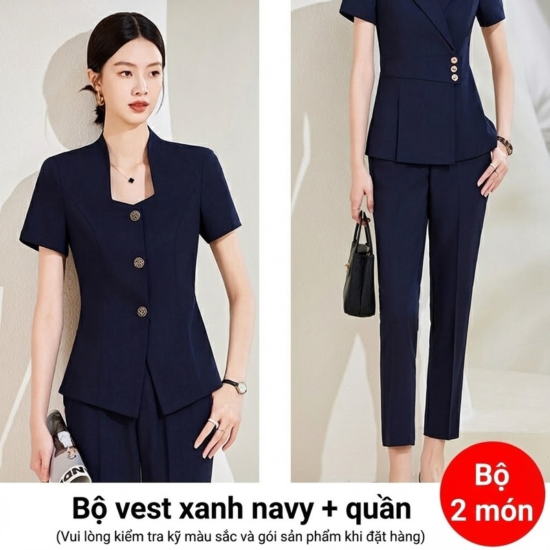 Bộ Vest Công Sở Nữ Tay Ngắn Quần/Chân Váy Màu Xám, Xanh Navy, Trắng