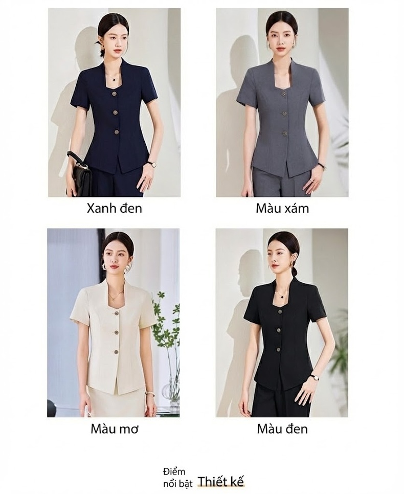 Bộ Vest Công Sở Nữ Tay Ngắn Quần/Chân Váy Màu Xám, Xanh Navy, Trắng chi tiết 8