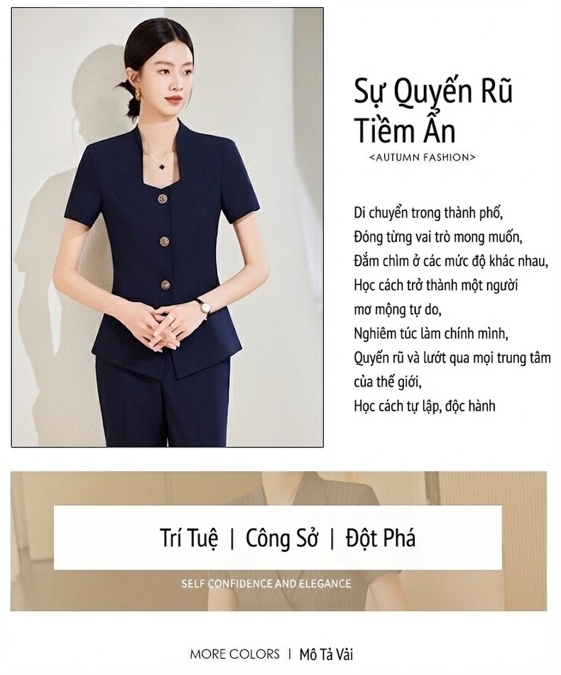 Bộ Vest Công Sở Nữ Tay Ngắn Quần/Chân Váy Màu Xám, Xanh Navy, Trắng chi tiết 3