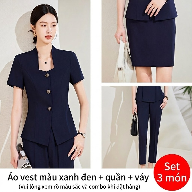 Bộ Vest Công Sở Nữ Tay Ngắn Quần/Chân Váy Màu Xám, Xanh Navy, Trắng