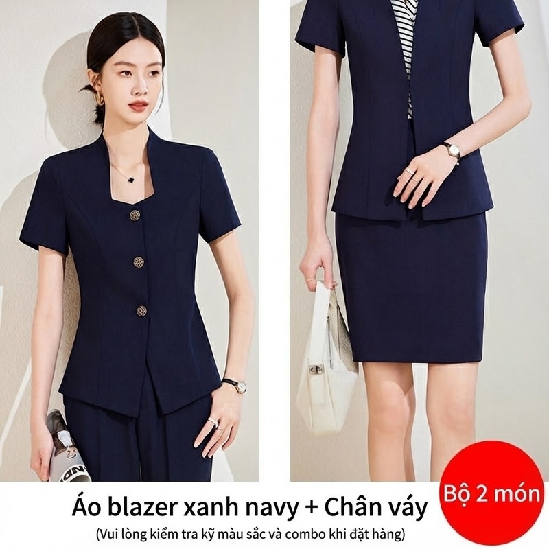 Bộ Vest Công Sở Nữ Tay Ngắn Quần/Chân Váy Màu Xám, Xanh Navy, Trắng