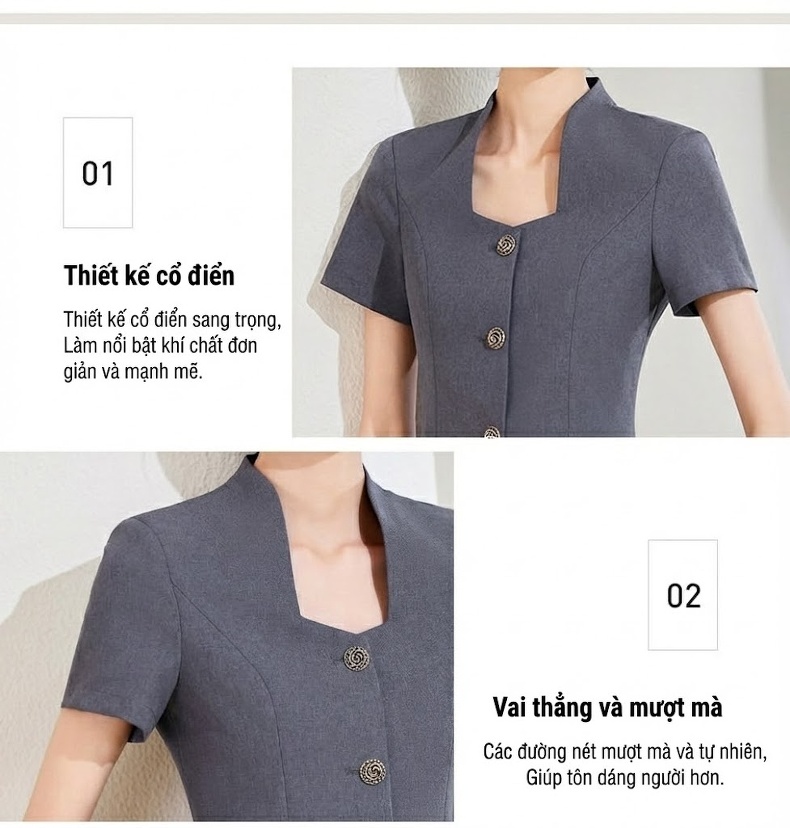 Bộ Vest Công Sở Nữ Tay Ngắn Quần/Chân Váy Màu Xám, Xanh Navy, Trắng chi tiết 9