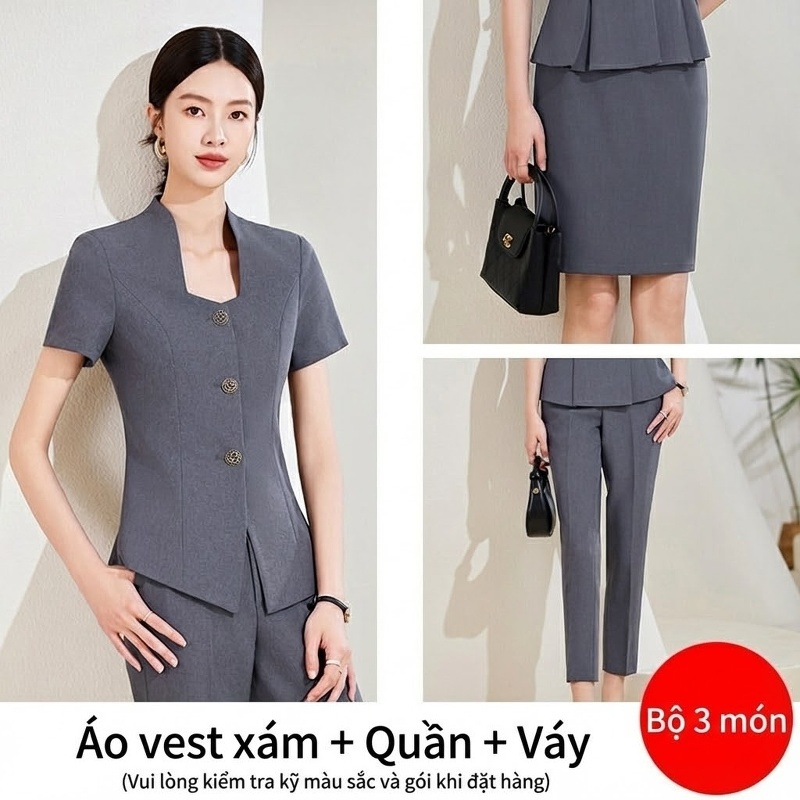 Bộ Vest Công Sở Nữ Tay Ngắn Quần/Chân Váy Màu Xám, Xanh Navy, Trắng