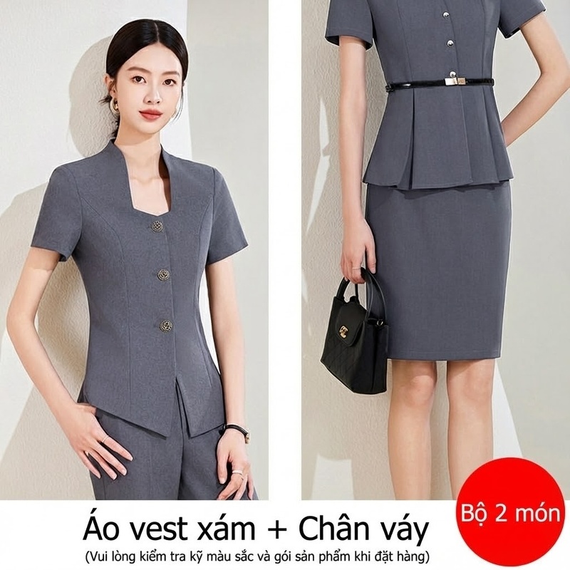 Bộ Vest Công Sở Nữ Tay Ngắn Quần/Chân Váy Màu Xám, Xanh Navy, Trắng