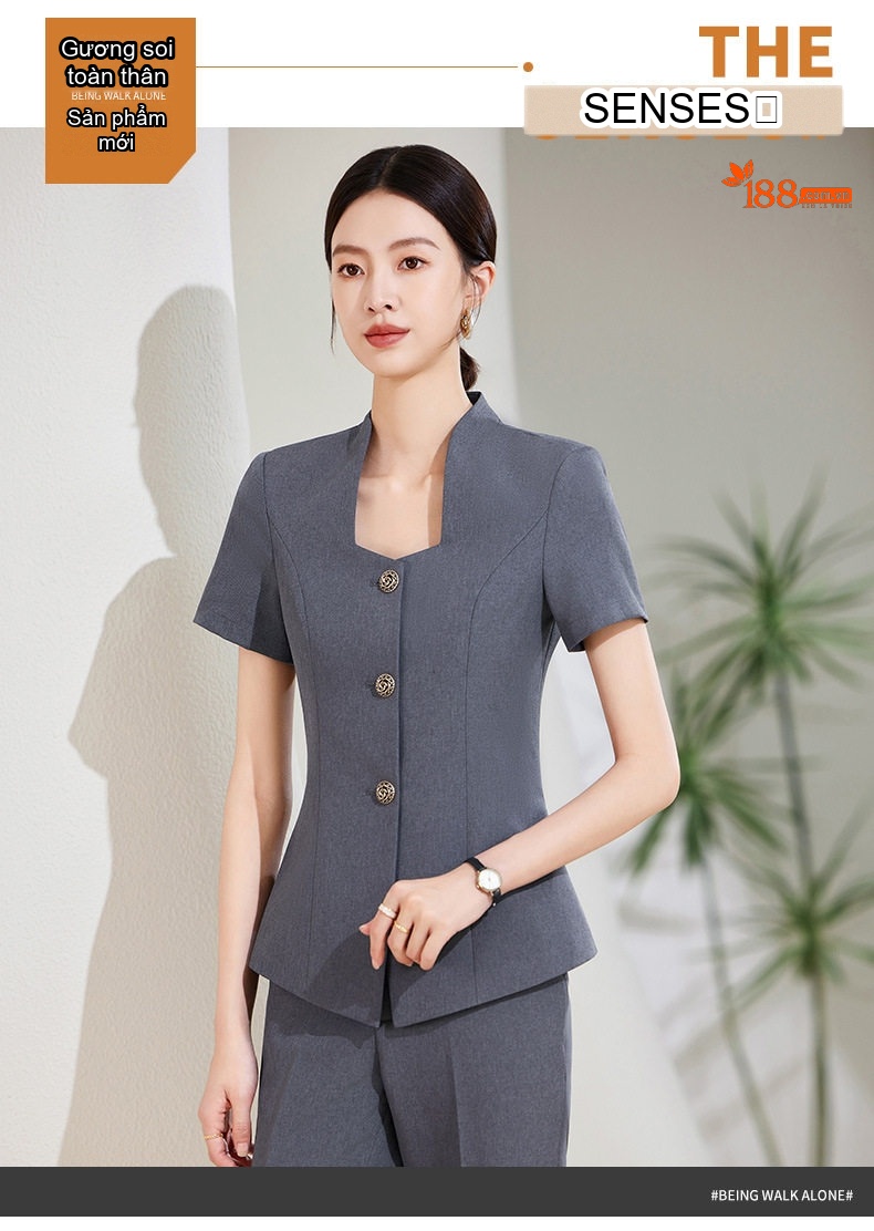Bộ Vest Công Sở Nữ Tay Ngắn Quần/Chân Váy Màu Xám, Xanh Navy, Trắng chi tiết 2