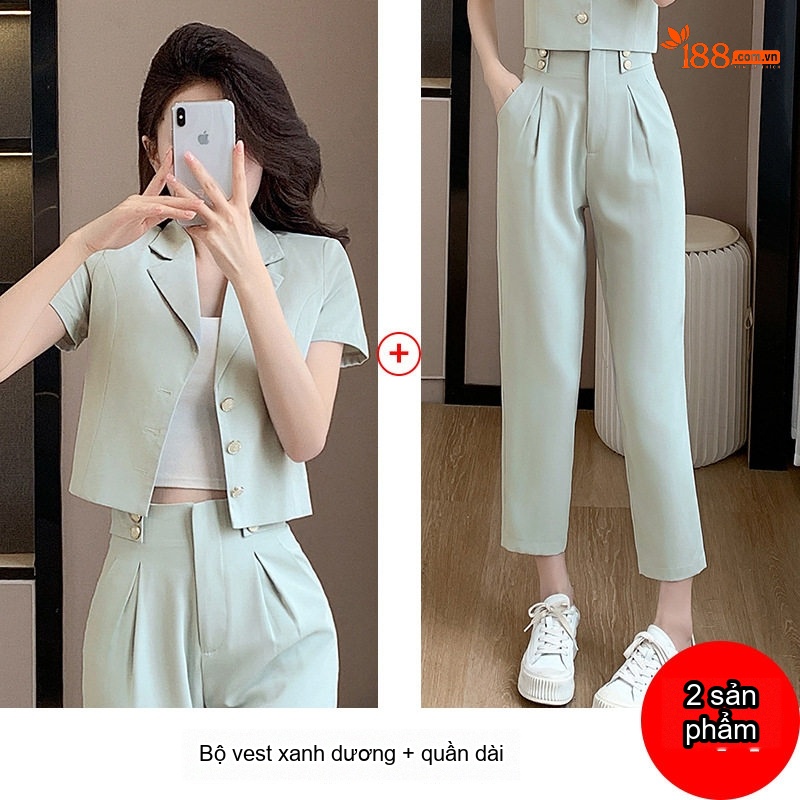 Bộ Vest Công Sở Nữ Tay Ngắn Quần Dài Thanh Lịch Màu Xanh Lá, Tím