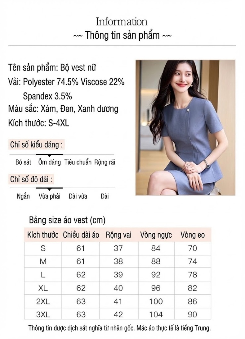 Bộ Vest Công Sở Nữ Tay Ngắn Thanh Lịch Màu Xanh, Đen, Xám chi tiết 9