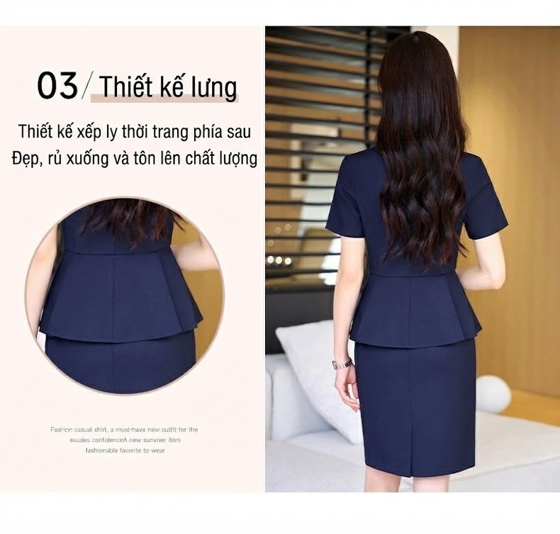 Bộ Vest Công Sở Nữ Tay Ngắn Thanh Lịch Màu Xanh, Đen, Xám chi tiết 7