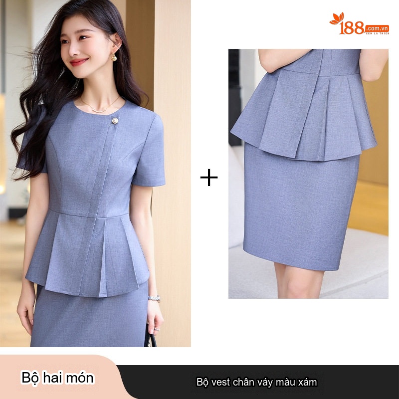 Bộ Vest Công Sở Nữ Tay Ngắn Thanh Lịch Màu Xanh, Đen, Xám
