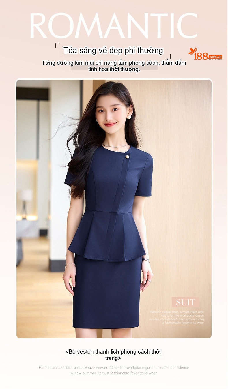 Bộ Vest Công Sở Nữ Tay Ngắn Thanh Lịch Màu Xanh, Đen, Xám chi tiết 2