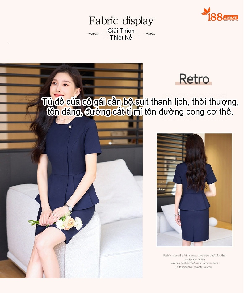 Bộ Vest Công Sở Nữ Tay Ngắn Thanh Lịch Màu Xanh, Đen, Xám chi tiết 4