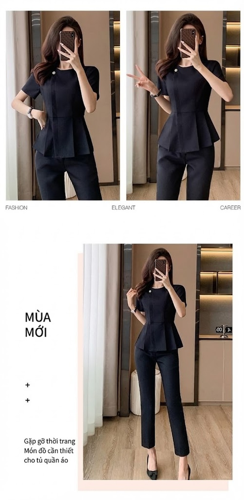 Bộ Vest Công Sở Nữ Tay Ngắn Thanh Lịch Màu Xanh, Đen, Xám chi tiết 15