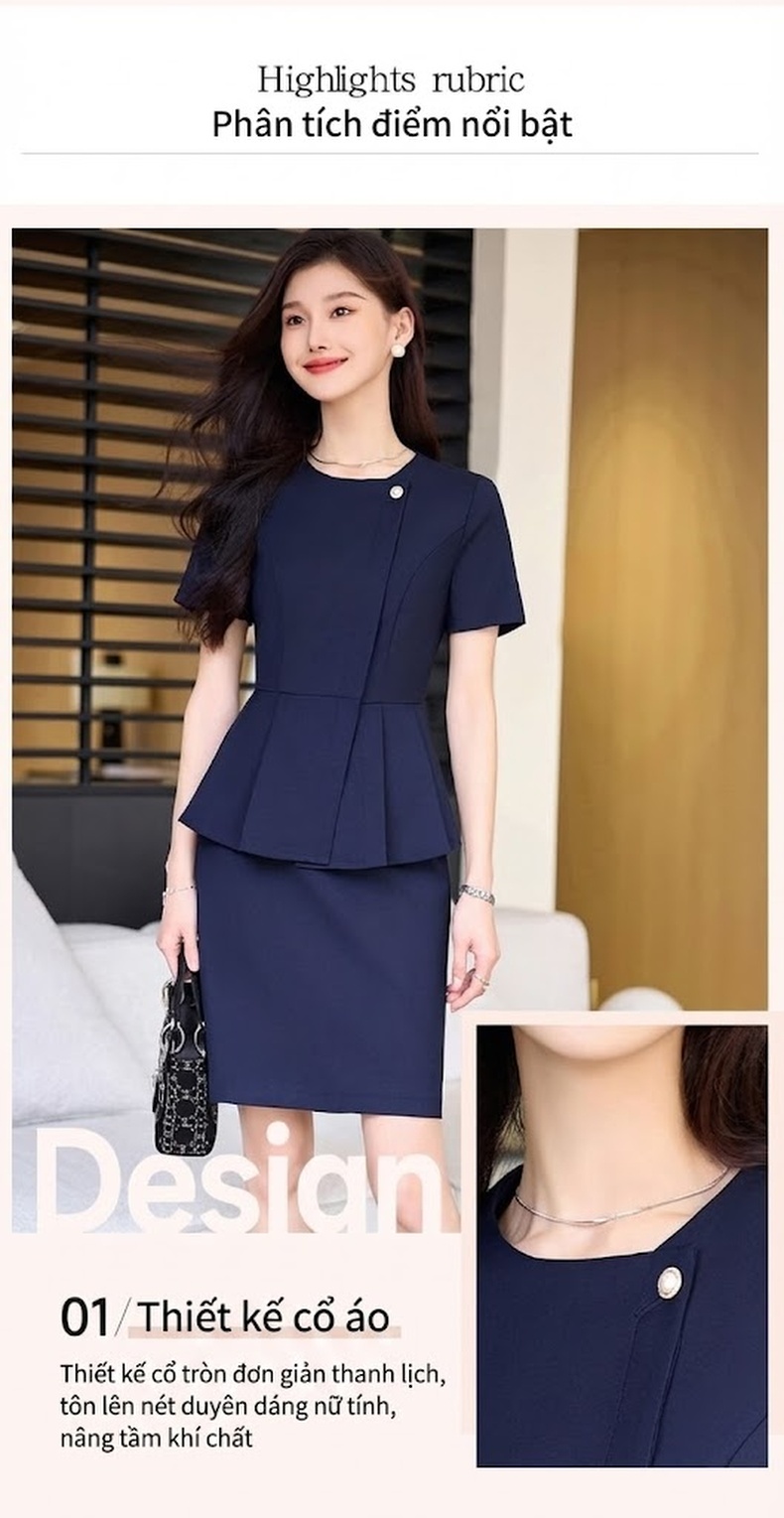 Bộ Vest Công Sở Nữ Tay Ngắn Thanh Lịch Màu Xanh, Đen, Xám chi tiết 5
