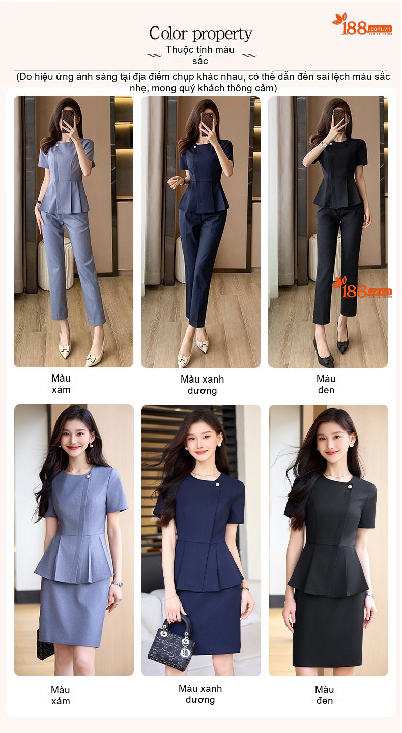 Bộ Vest Công Sở Nữ Tay Ngắn Thanh Lịch Màu Xanh, Đen, Xám chi tiết 3