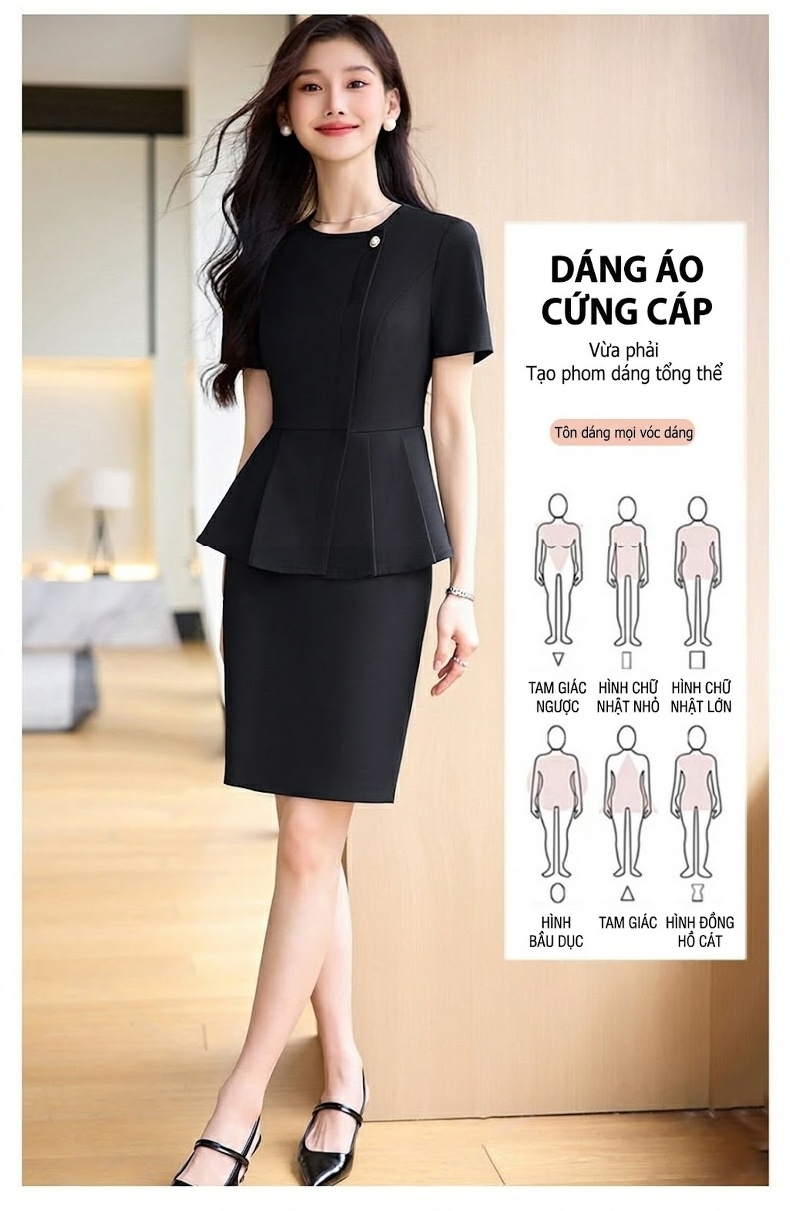 Bộ Vest Công Sở Nữ Tay Ngắn Thanh Lịch Màu Xanh, Đen, Xám chi tiết 11