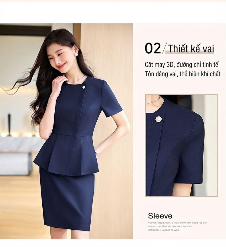 Bộ Vest Công Sở Nữ Tay Ngắn Thanh Lịch Màu Xanh, Đen, Xám chi tiết 6