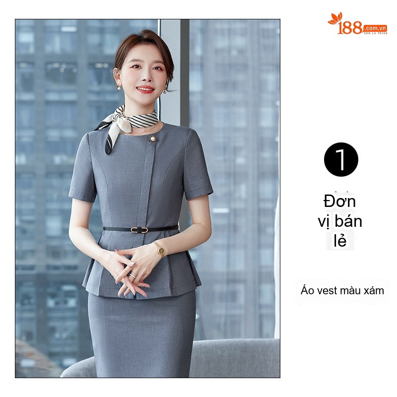 Bộ Vest Công Sở Nữ Tay Ngắn Thanh Lịch Màu Xanh Lam, Xám