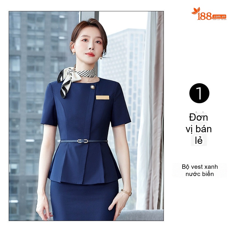 Bộ Vest Công Sở Nữ Tay Ngắn Thanh Lịch Màu Xanh Lam, Xám