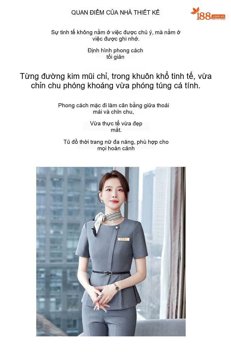 Bộ Vest Công Sở Nữ Tay Ngắn Thanh Lịch Màu Xanh Lam, Xám chi tiết 2
