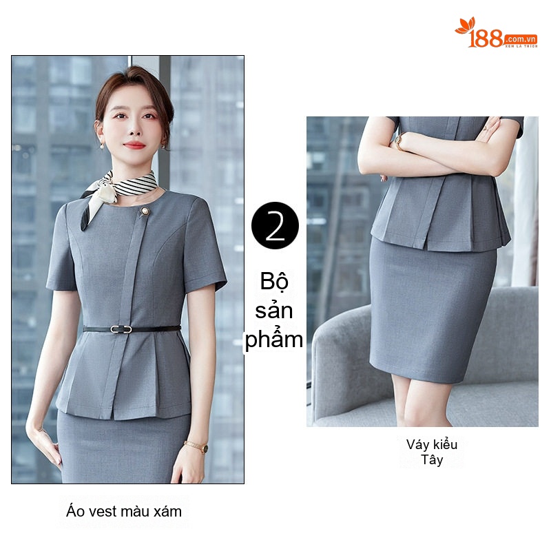Bộ Vest Công Sở Nữ Tay Ngắn Thanh Lịch Màu Xanh Lam, Xám