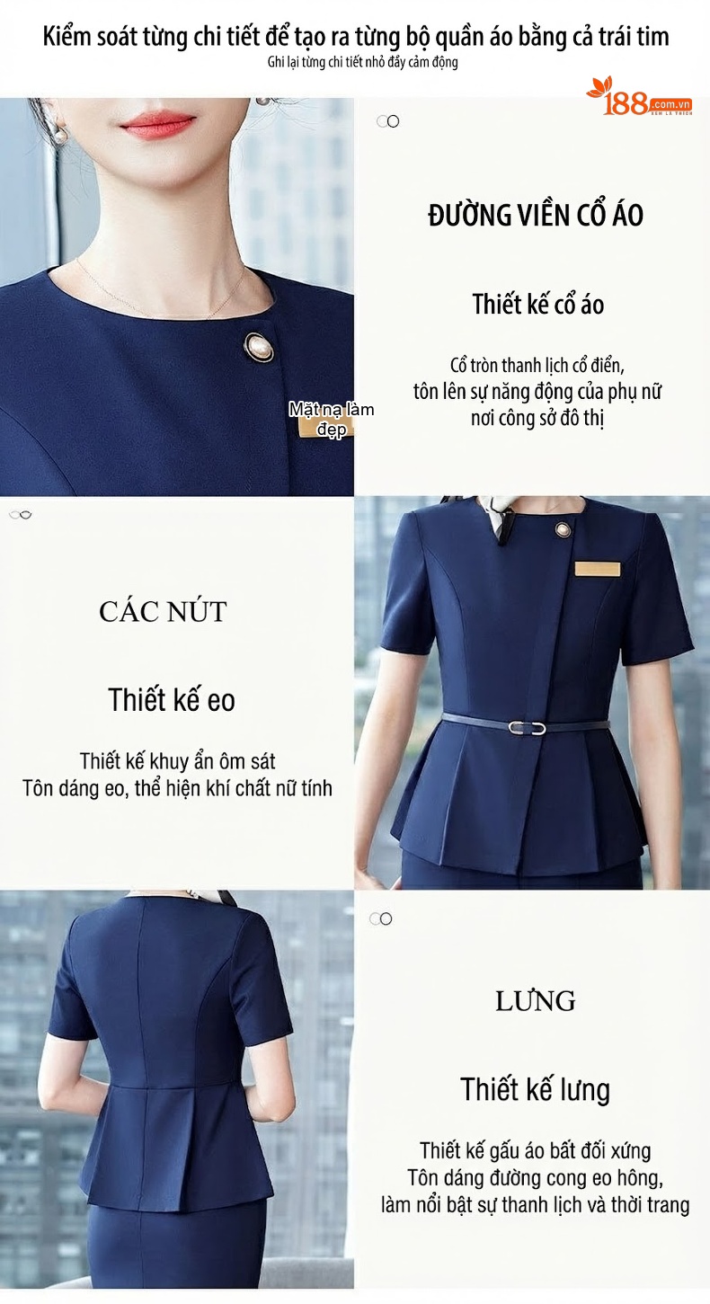 Bộ Vest Công Sở Nữ Tay Ngắn Thanh Lịch Màu Xanh Lam, Xám chi tiết 3