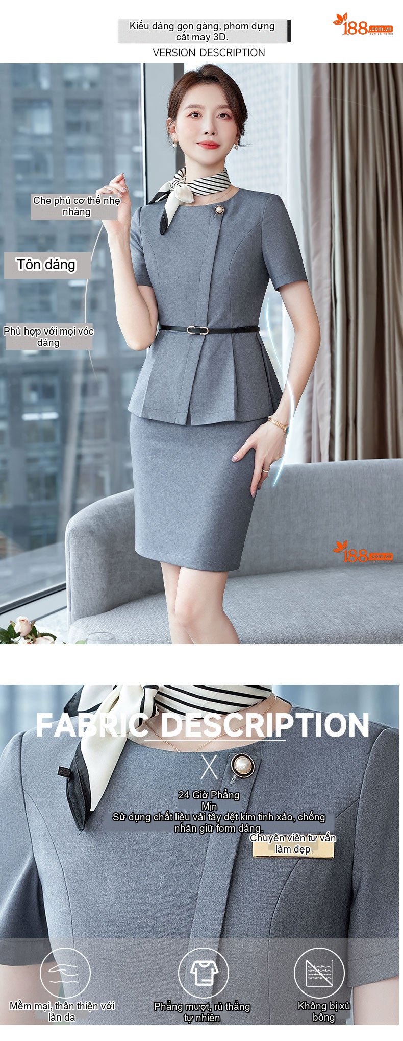 Bộ Vest Công Sở Nữ Tay Ngắn Thanh Lịch Màu Xanh Lam, Xám chi tiết 4