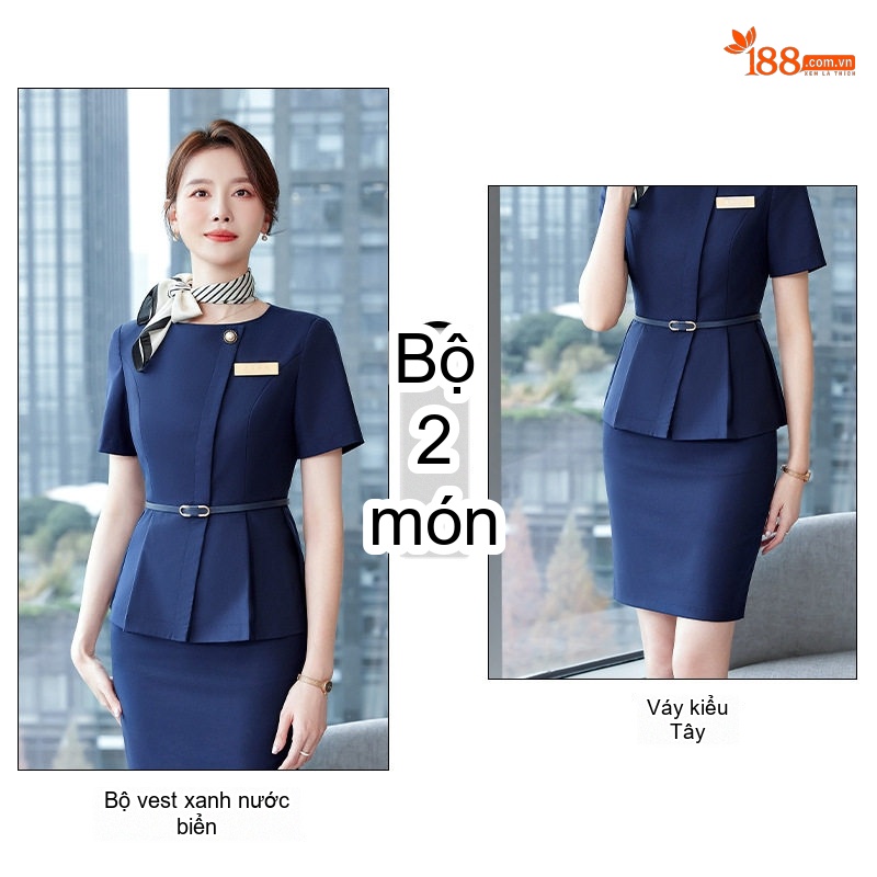 Bộ Vest Công Sở Nữ Tay Ngắn Thanh Lịch Màu Xanh Lam, Xám