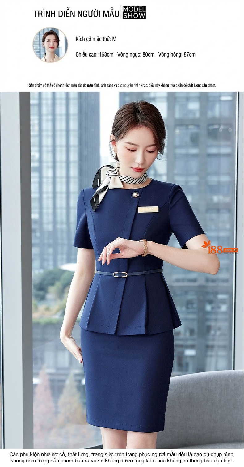Bộ Vest Công Sở Nữ Tay Ngắn Thanh Lịch Màu Xanh Lam, Xám chi tiết 7