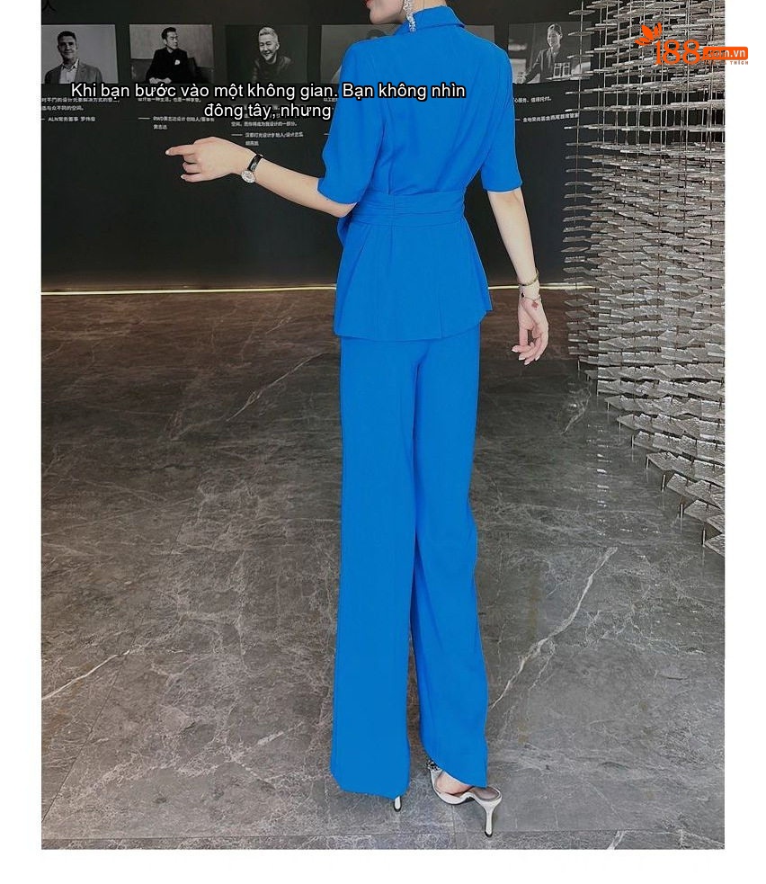 Bộ Vest Công Sở Nữ Tay Ngắn Thiết Kế Thắt Eo Màu Xanh Klein chi tiết 7