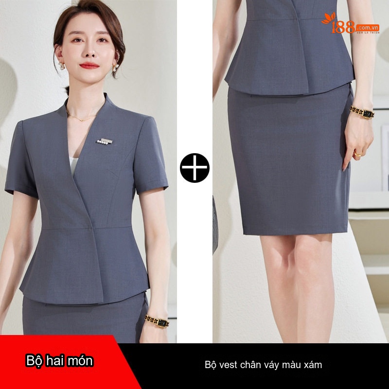 Bộ Vest Công Sở Nữ Tay Ngắn Thiết Kế Thời Trang Màu Đen, Xám