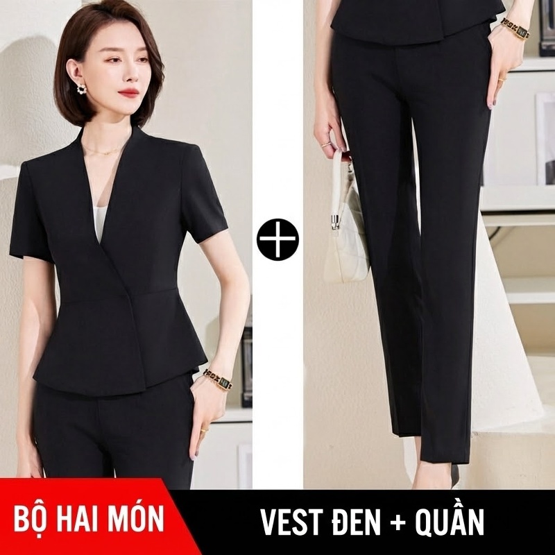 Bộ Vest Công Sở Nữ Tay Ngắn Thiết Kế Thời Trang Màu Đen, Xám
