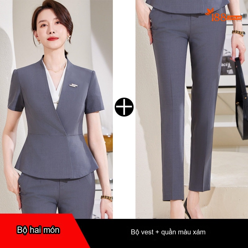Bộ Vest Công Sở Nữ Tay Ngắn Thiết Kế Thời Trang Màu Đen, Xám