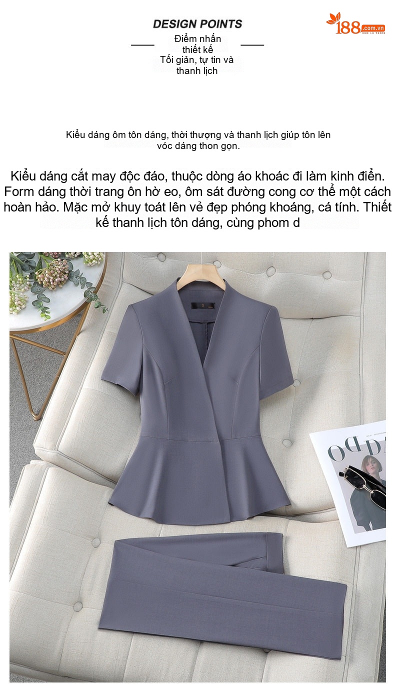 Bộ Vest Công Sở Nữ Tay Ngắn Thiết Kế Thời Trang Màu Đen, Xám chi tiết 7