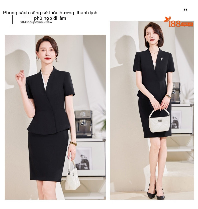 Bộ Vest Công Sở Nữ Tay Ngắn Thiết Kế Thời Trang Màu Đen, Xám chi tiết 13