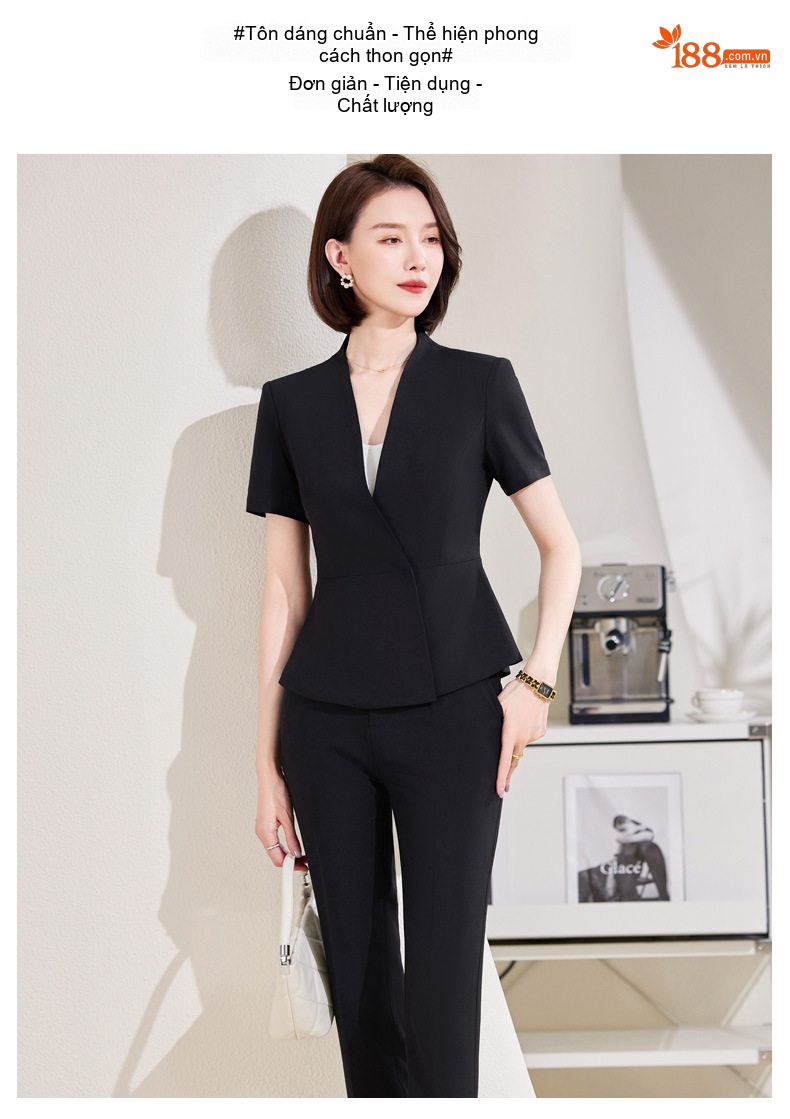 Bộ Vest Công Sở Nữ Tay Ngắn Thiết Kế Thời Trang Màu Đen, Xám chi tiết 14