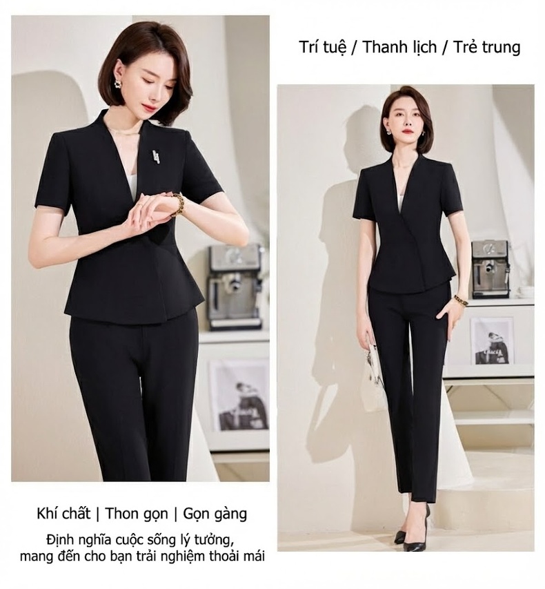 Bộ Vest Công Sở Nữ Tay Ngắn Thiết Kế Thời Trang Màu Đen, Xám chi tiết 15