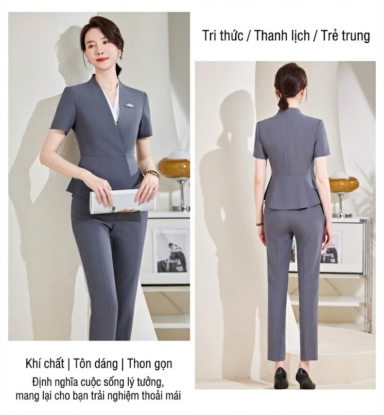 Bộ Vest Công Sở Nữ Tay Ngắn Thiết Kế Thời Trang Màu Đen, Xám chi tiết 17