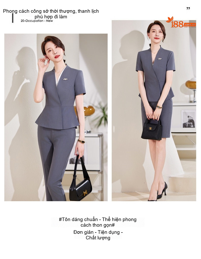 Bộ Vest Công Sở Nữ Tay Ngắn Thiết Kế Thời Trang Màu Đen, Xám chi tiết 19