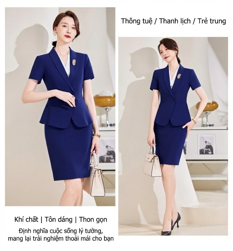 Bộ Vest Công Sở Nữ Tay Ngắn Thiết Kế Thời Trang Màu Đen, Xanh Navy chi tiết 17