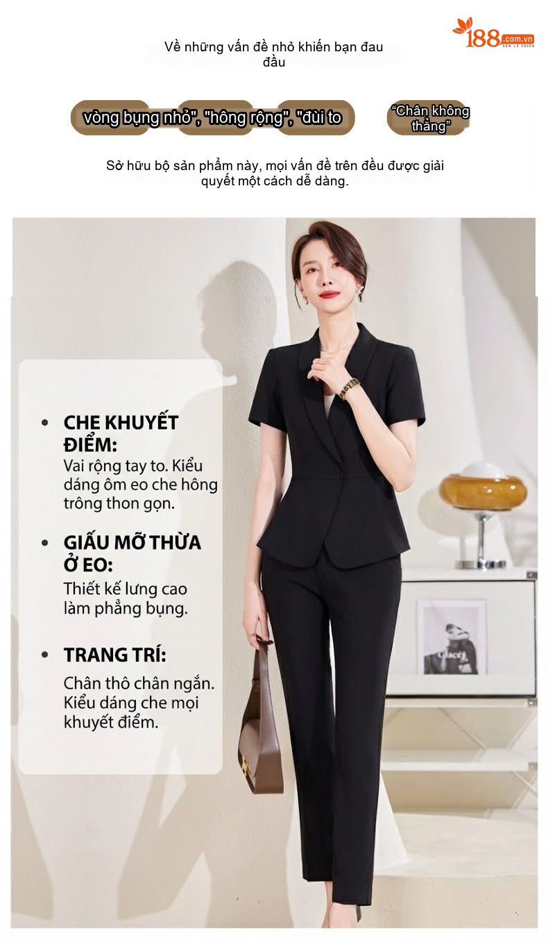 Bộ Vest Công Sở Nữ Tay Ngắn Thiết Kế Thời Trang Màu Đen, Xanh Navy chi tiết 3