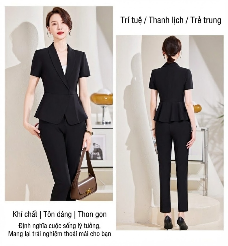 Bộ Vest Công Sở Nữ Tay Ngắn Thiết Kế Thời Trang Màu Đen, Xanh Navy chi tiết 15